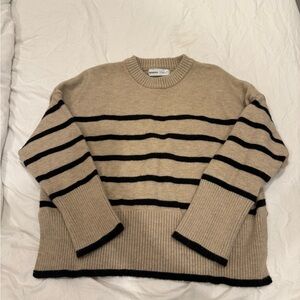Bershka Beige and Black Striped Crewneck Sweater
